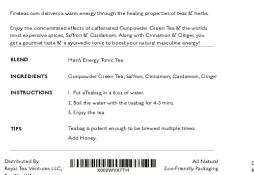 FIRE TEAS Men's Energy Tonic Tea - Gunpowder Green Tea, Cardamom, Cinnamon, Ginger, Saffron - Power Tea for Men- - Bloomnest
