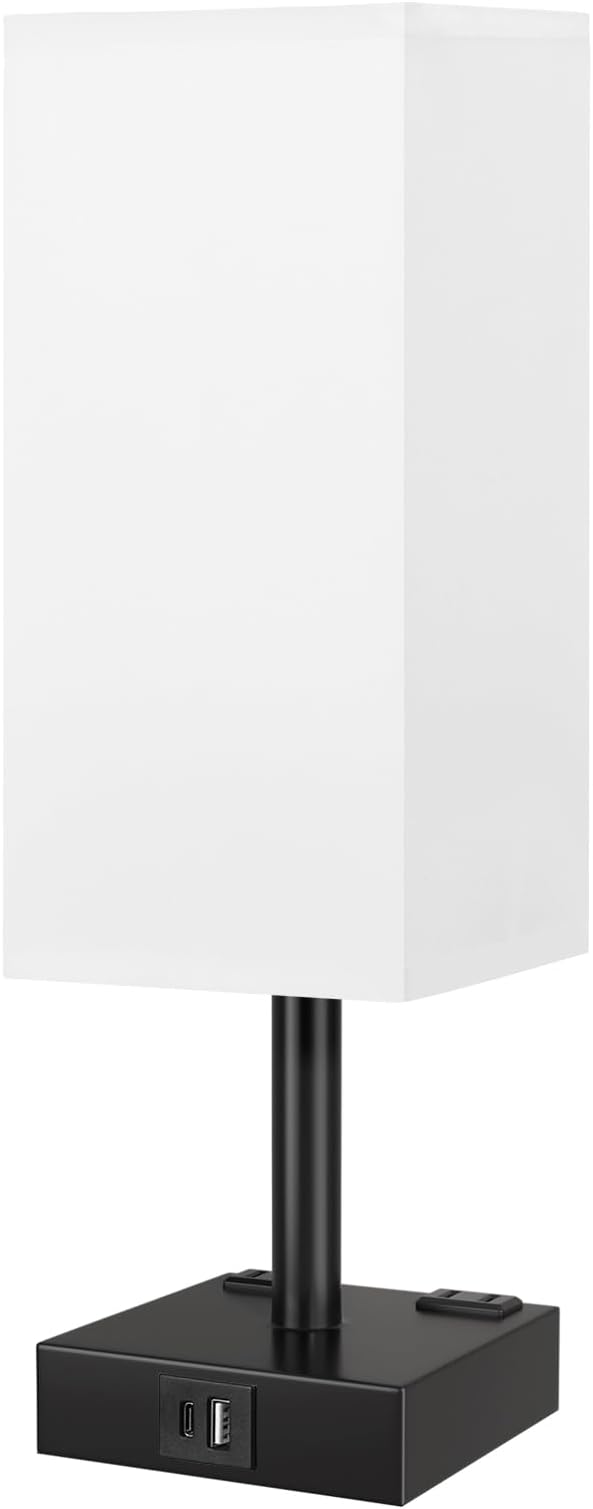 Touch Bedside Table Lamp for Nightstand - 3-Way Dimmable Night Lamp with USB A + Type C Charging Ports and Two AC Outlets, Small Desk Light with E26 LED Bulb for Bedroom Living Room,White Black - Bloomnest