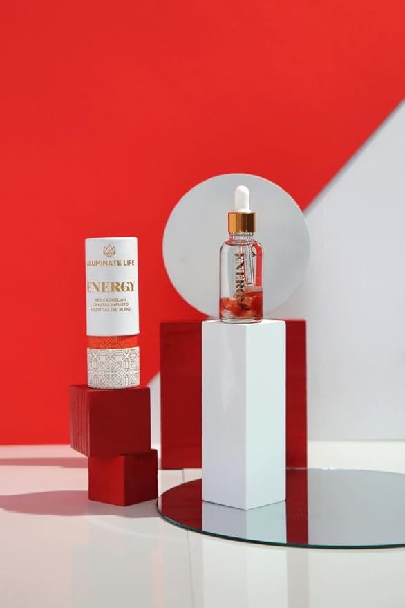 Crystal Infused Essential Oil Vial, 1 Oz, Energy - Red Carnelian Crystal Infused - Scents of Lemon, Grapefruit, & Bergamot - Aromatherapy Oils, Massage, Stress Relief