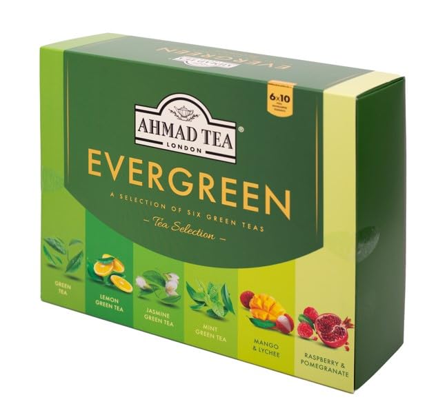Ahmad Tea Green Tea, Evergreen Selection Pack Teabags, 60 Foil Teabags - Caffeinated & Sugar-Free - Bloomnest