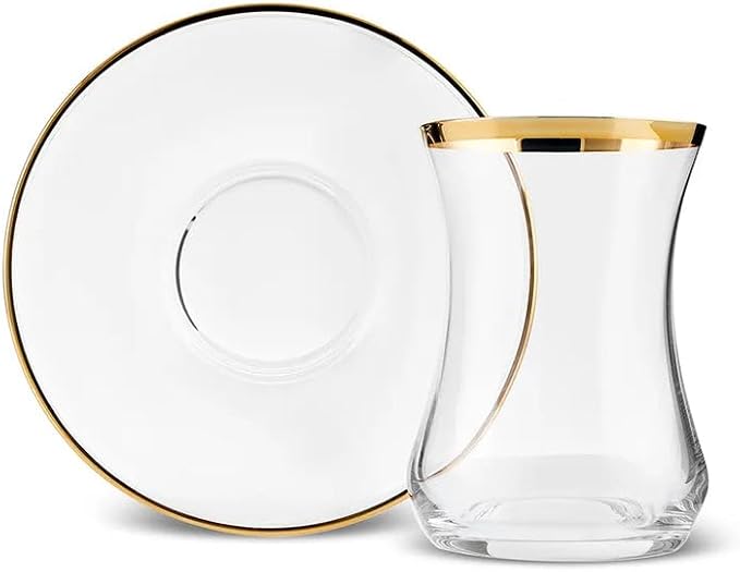 KARACA Sydney Glass Turkish Tea Set for 6 People, Gold, 12 Pieces Tea Service, 6 Turkish Tea Glasses with Saucers, Glass, 5.4 fl oz Tea Plates/Saucers - Bloomnest