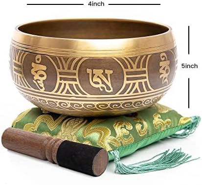 Tibetan Singing Bowl Set - Easy To Play Authentic Handcrafted For Meditation Sound Bowl Chakra Yoga Healing 4 Inches By Himalayan Bazaar (Gold & Green) - Bloomnest