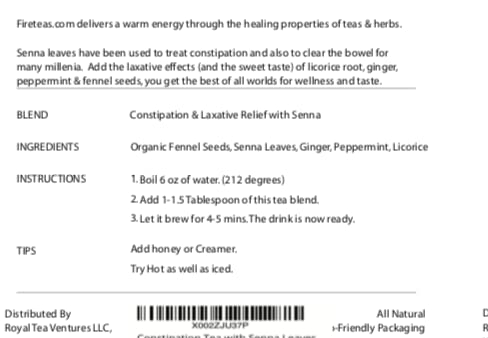 FIRE TEAS Constipation & Laxative Herbal Tea - Organic Peppermint,Senna Leaves, Licorice, Ginger - Smooth Gut Movement & Floral Taste - Herbal & Effective - - Bloomnest