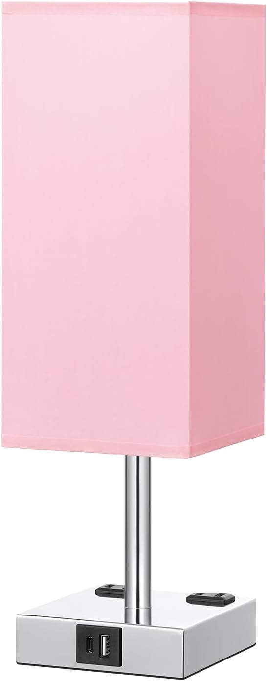 Touch Bedside Table Lamp for Nightstand - 3-Way Dimmable Night Lamp with USB A + Type C Charging Ports and Two AC Outlets, Small Desk Light with E26 LED Bulb for Bedroom Living Room Dorm Office, Pink - Bloomnest