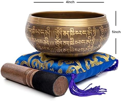 Tibetan Singing Bowl Set - Easy To Play Authentic Handcrafted For Meditation Sound Bowl Chakra Yoga Healing 4 Inches By Himalayan Bazaar (Brown & Blue) - Bloomnest