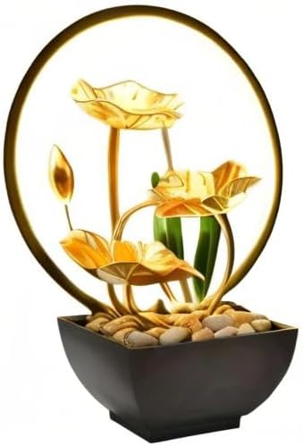 Tabletop Water Fountain with Led Light, Gold Lotus Waterfall Fountain Indoor 11 in USB Powered Flower Waterfall Zen Table Fountains with 1 Replacement Water Pump - Bloomnest