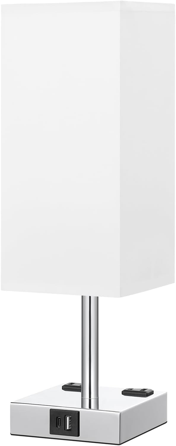 Touch Bedside Table Lamp for Nightstand - 3-Way Dimmable Night Lamp with USB A + Type C Charging Ports and Two AC Outlets, Small Desk Light with E26 LED Bulb for Bedroom Living Room Dorm Office,White - Bloomnest