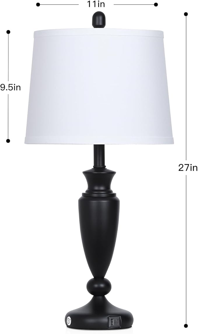 27'' Black Table Lamps Set of 2, 3 Way Touch Control Living Room Lamps with USB A+C Ports, Modern Bedside Lamps, Elegant Metal Nightstand Lamps for Bedroom Office End Table Decoration - Bloomnest