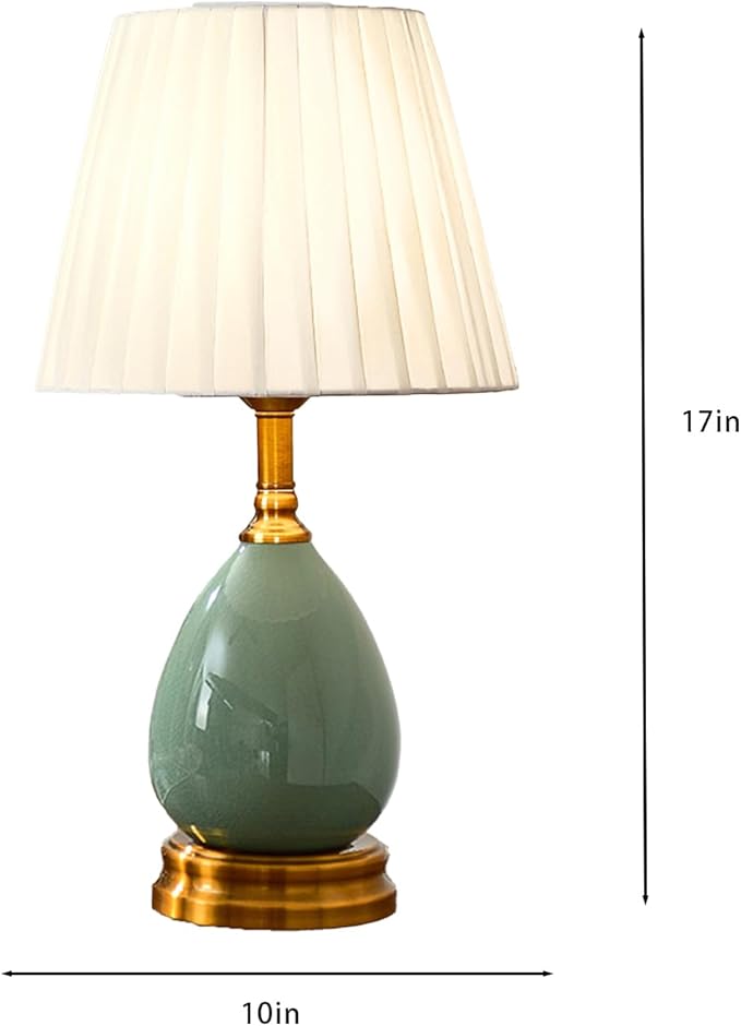 Large Table Light 3 Color Adjustable Ceramic Lamp Vintage Nightstand Lamps Dimmable Bedside Table Lamps for Living Room Bedroom Home Office (Green Fabric lampshade) - Bloomnest