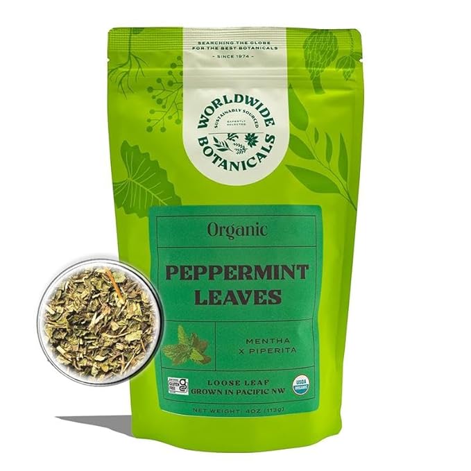 Worldwide Botanicals Organic Peppermint Loose Leaf Tea, 4 oz - Pacific Northwest Organic Cultivation, Highly Aromatic Digestive Tea, Antioxidant, Caffeine Free - Bloomnest