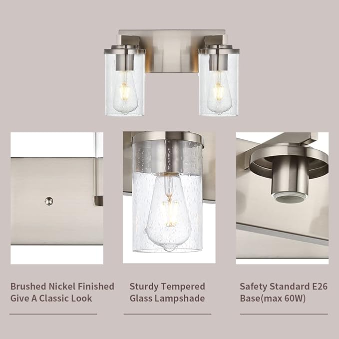 BONLICHT 2-Light Brushed Nickel Wall Sconce Lighting with Clear Glass Shade, Industrial Indoor Bathroom Lights Over Mirror, Modern Vanity Light Fixtures for Porch Entryway Stair - Bloomnest