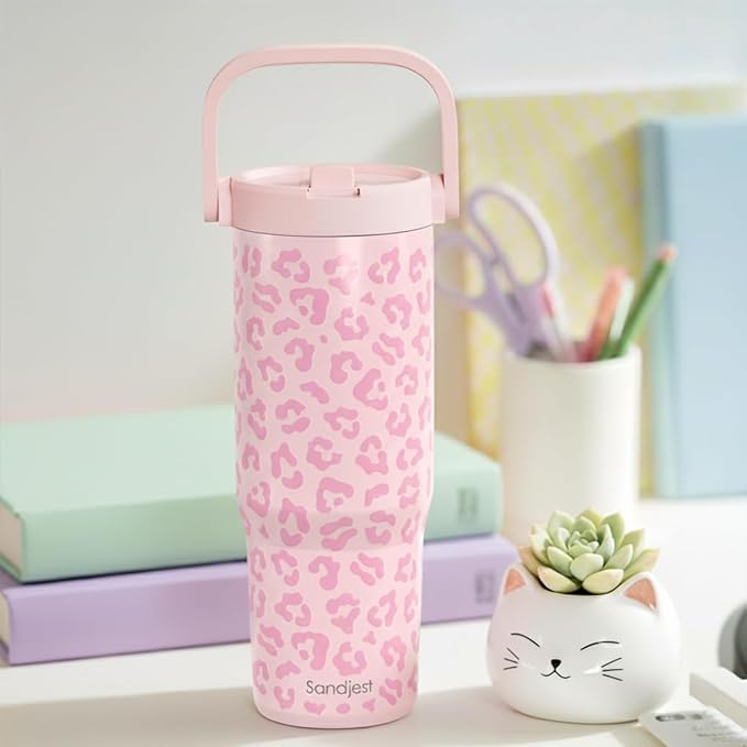 SANDJEST Leopard Skin Stainless Steel Straw Lid Tumbler 30oz with Carry Handle for Women Girls, Insulated Travel Coffee Cup, Gift for Sports Outdoor Workout Christmas Birthday (Pink) - Bloomnest