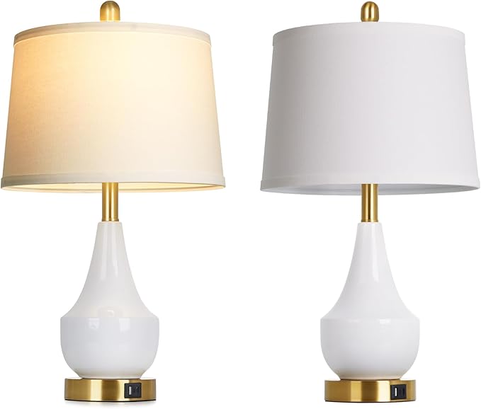Modern White Table Lamp Set of 2, 24" Ceramic Table Lamp with USB A+C Ports,Classic Beside Lamps Nightstand Lamp Modern Lamp for Living Room, Bedroom & Office -LED Bulbs Included - Bloomnest