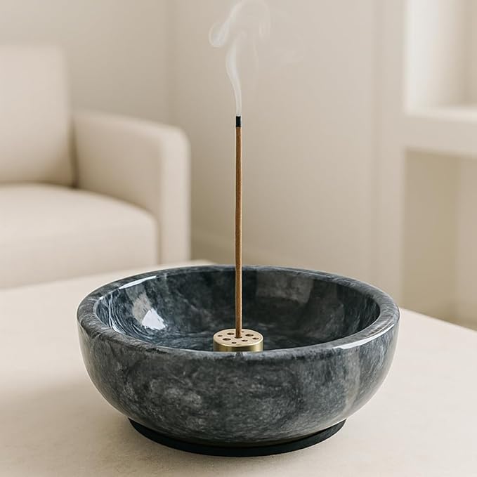 Marble Incense Holder Bowl with Brass Burner – Natural Hand-Polished Stone Incense Burner for Sticks, Cones, Palo Santo & Sage – Ash Catcher for Meditation, Yoga & Home Decor - Bloomnest