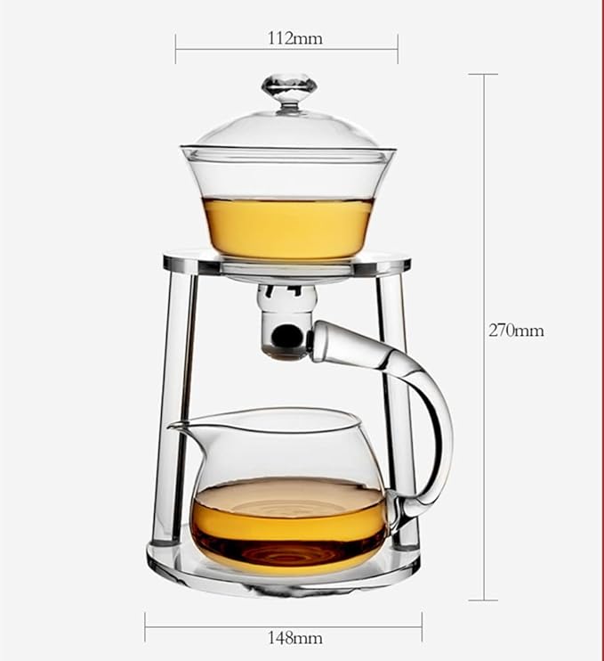 Mozeo Glass Semi-automatic Tea Set Wooden Glass Tea Set Water Diversion Rotating Cover Bowl Lazy Tea Maker Teapot Kungfu Fu teacup (Glass Clear Handle Teapot A) - Bloomnest