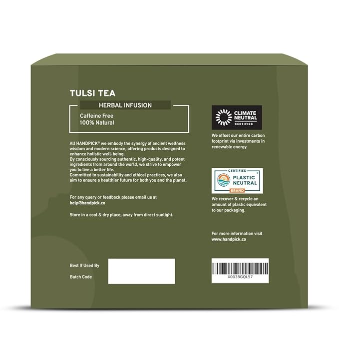 HANDPICK Original Tulsi Tea (100 count) Holy Basil Calming and Stress Relief Tea, Immune Support | Non-GMO, Caffeine-Free Herbal Tea | Ecofriendly Round Tea Bags - Bloomnest