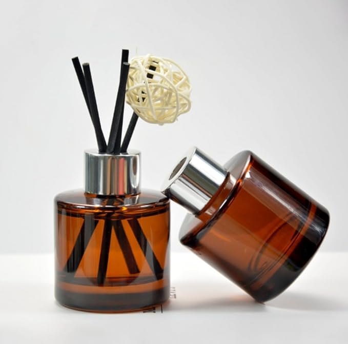Elandy 2Pcs 50Ml/1.7oz Empty Amber Round Glass Diffuser Bottles with Silver Cap Refillable Essential Oil Jars Containers Fragrance Accessories Use for DIY Crafts Decor (Diffuser Sticks Excluded) Bloomnest