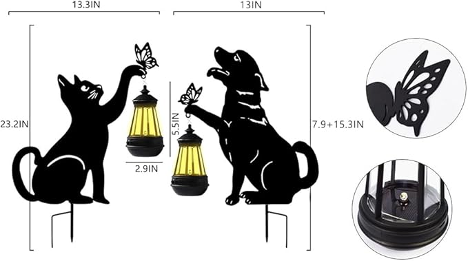 Solar-Powered Black Dog&Cat Garden Decor Stakes - Metal Silhouette Figurine for Outdoor Yard, Lawn, and Patio Decoration - Bloomnest