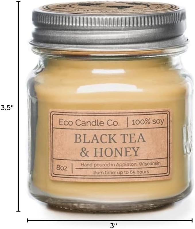ECO CANDLE CO. Mason Jar Candle, Black Tea & Honey, 8 oz. - Scents of Spicy Tea, Nutmeg, Honey, & Orange - 100% Soy Wax, No Lead, Kraft Label & Antiqued Pewter Lid, Hand Poured, Midwest Soybeans - Bloomnest