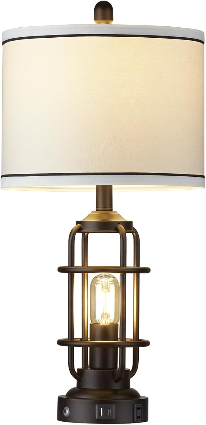 Modern Table Lamps, Industrial 3-Way Dimmable Bedside Lamp with USB A+C Ports & AC Outlet, Touch Control Rustic Nightstand Lamp LED Night Light for Living Room Bedroom Decor Home(4 Bulbs Included) - Bloomnest