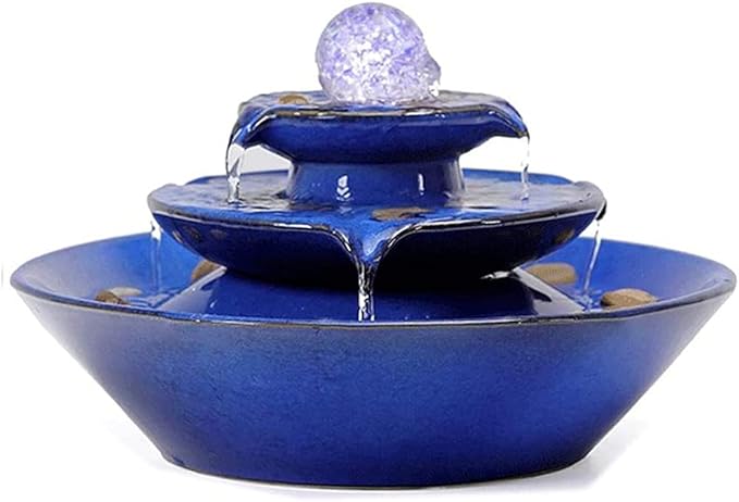 Ceramic Tabletop Fountain, Blue, Fountain with Ball for Indoor Decor, Size 11.8 x 11.8 x 7.8 inch, Material Ceramic, Includes Water Pump and 6 foot Long Power Cord - Bloomnest