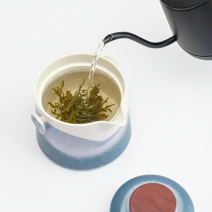 Hermit Life Chinese Travel Tea Set, Portable Ceramic Teapot for One to Two, Gongfu Tea Set with Color Gradient Design, 1 Pot 2 Cups, Gift for Tea Lovers (Azure Coast) - Bloomnest