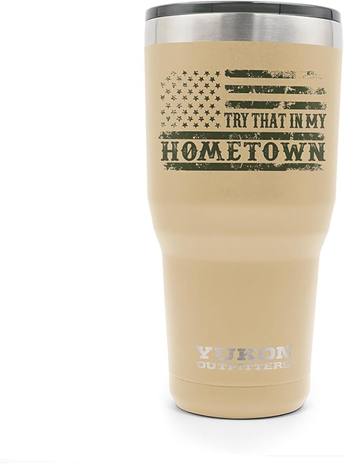 Yukon Outfitters Freedom High Grade 18/8 Corrosion-Resistant Stainless Steel Double Wall Vacuum Insulated Tumbler (30oz / 890ml) - 7.85" H x 3.9" Top Dia. / 2.9" Bottom dia., Hometown - Tan - Bloomnest