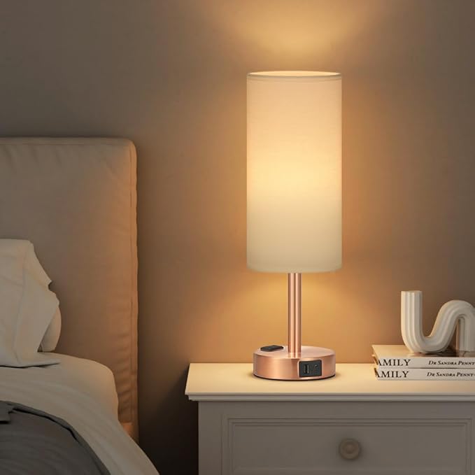Fenmzee Bronze Nightstand Bedroom Lamp - 3 Way Dimmable Bedside Lamp USB C A Charging Ports and AC Outlet, Small Table Lamp White Linen Lampshade for Desk, LED Bulb Included - Bloomnest
