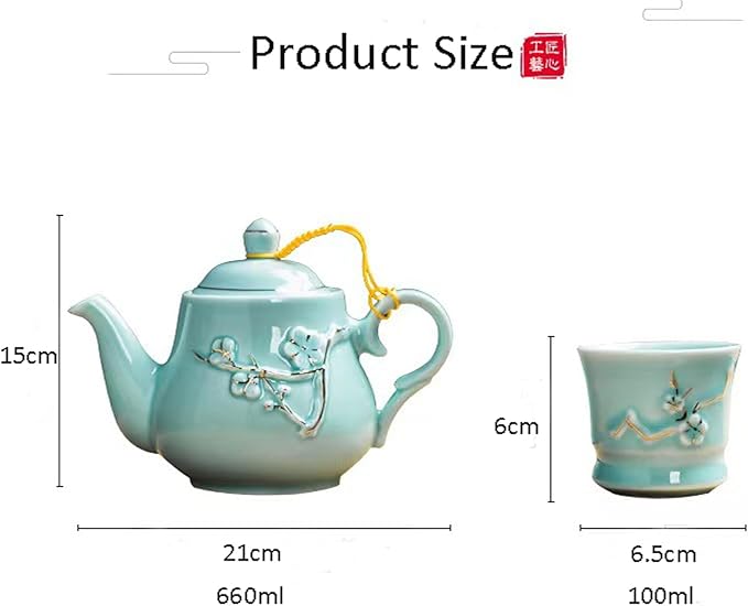 KEYDUACU Japanese Tea Set, Green Kiln-Formed Ceramic Plum Blossom Cameo Tea Set, Includes 1 Teapot, 6 Teacups,Tea Tray,Strainer, Used for gifts, home, outdoor, Chinese Kung Fu Tea Set(FDMHA-GREEN) - Bloomnest