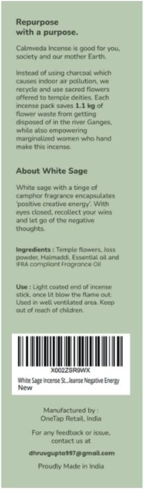 White Sage Incense Sticks for Cleansing - (80 Scent Sticks) Charcoal Free, Made from Upcycled Flowers | Protection Incense to Cleanse Negative Energy - Bloomnest