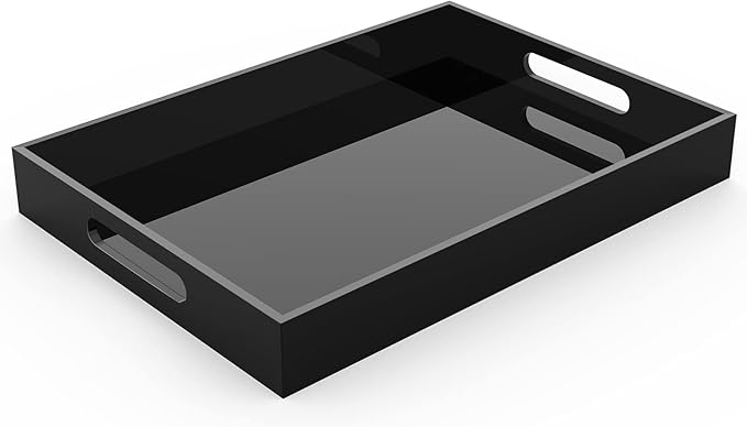Acrylic Serving Trays with Handles, 16"x 12" Rectangle Sturdy Breakfast Tray, Black Decorative Trays Organiser for Bedroom, Kitchen, Living Room, Bathroom, Hospital and Outdoors - Bloomnest