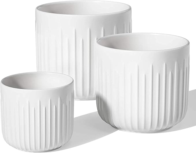 LE TAUCI Fluted Ceramic Planters Set of 3 – 8.3/7 / 5.7 in White Cylinder Indoor Plant Pots with Drainage Plug & Mesh, Matte Glazed Stoneware Flower Pots for Succulent Herb Cactus - Bloomnest
