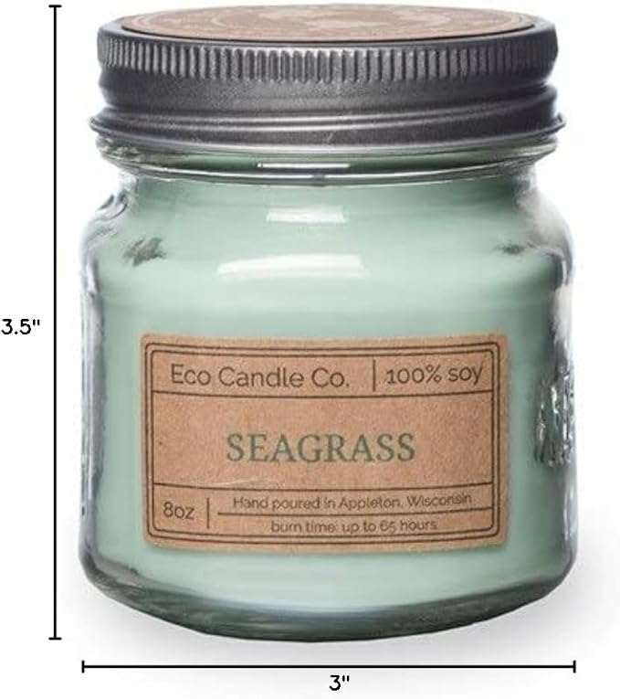 ECO CANDLE CO. Mason Jar Candle, Seagrass, 8 oz. - Scents of Coconut, Jasmine, Eucalyptus, Vetiver, Driftwood, & Seaweed - 100% Soy Wax, No Lead, Kraft Label & Antiqued Pewter Lid, Hand Made - Bloomnest