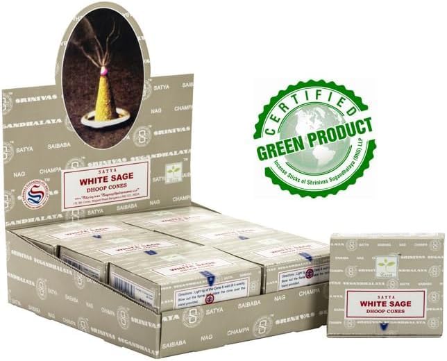 Satya Nag Champa Incense Cones for Meditation and Yoga, 48 Pieces, 4 Packs (Incense Dhoop Cones, White Sage) Giftbrit