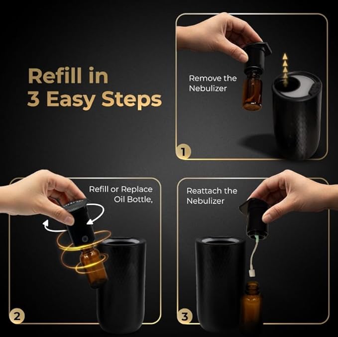 Waterless Essential Oil Diffuser β Portable Cordless Aromatherapy Diffuser for Home, Car & Office β 3 Mist Levels - 4 Timer Modes - 15ml Oil Capacity - USB-C Rechargeable - Bloomnest
