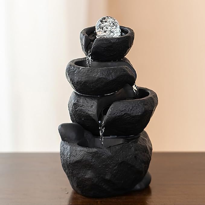 Tabletop Desktop Fountain Waterfall Water Feature Ceramic Indoor Fountain Office Home Decoration (Black) - Bloomnest