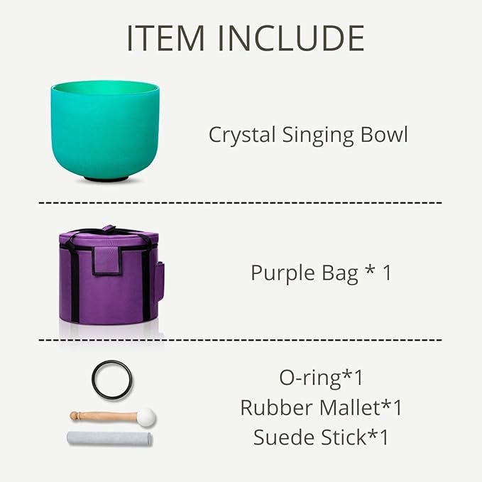 Green F Note Heart Chakra 8 inch Quartz Crystal Singing Bowl, for Healing Mindfulness Meditation Yoga Sound Baths, with Case Rubber Mallet
