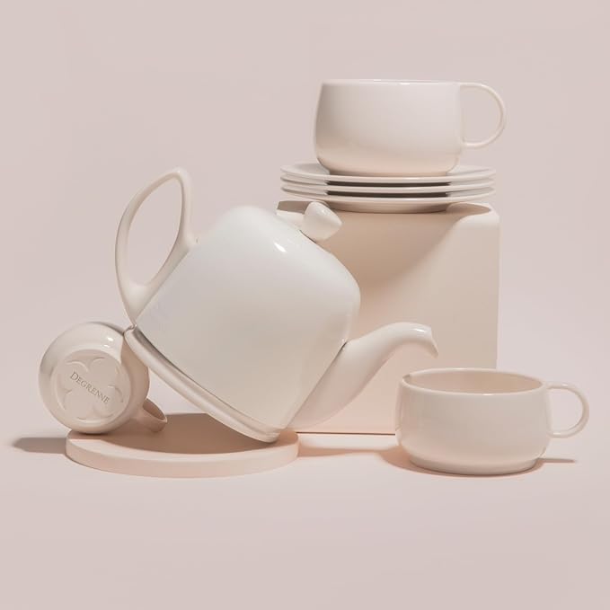 Degrenne Salam Luxury French Tea Pot - Porcelain Teapot with Stainless Steel Cover, Ceramic Tea Kettle for Loose Tea, Removable Infuser, 6 Cup Capacity, 36oz - Monochrome Rose - Bloomnest