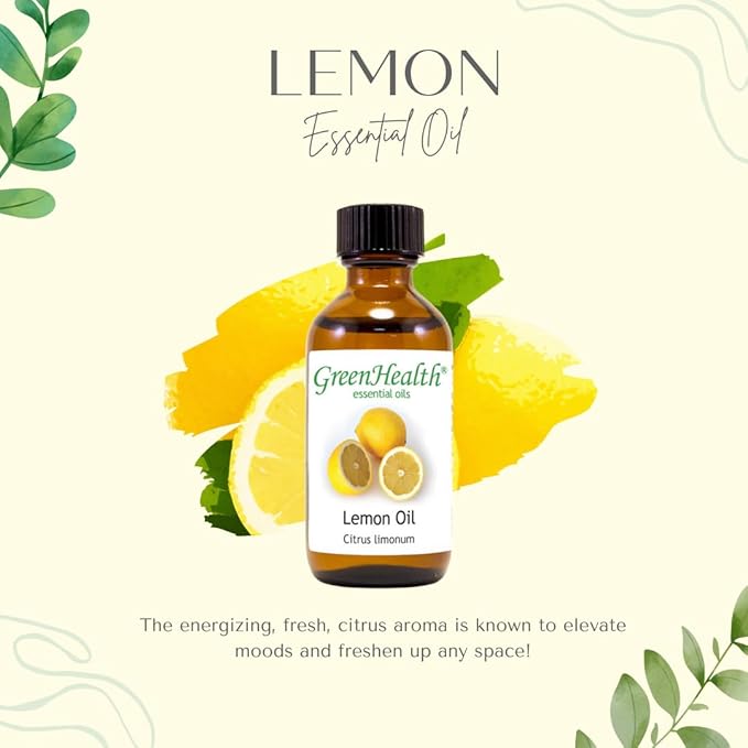 Lemon Essential Oil – 2 fl oz (59 ml) Glass Bottle w/Cap – 100% Pure Essential Oil – GreenHealth