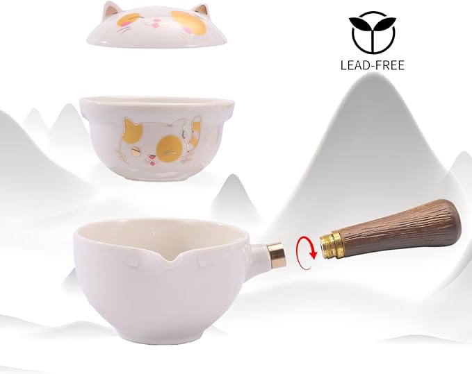 LURRIER Porcelain Chinese Gongfu Tea Set,Portable Teapot Set with 360 Rotation Tea maker and Infuser,Portable All in One Gift Bag for Travel,Home,Gifting,Outdoor and Office (Kitty Cat) - Bloomnest