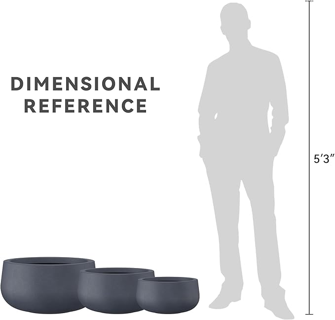 Kante 19.6",15.7",11.8" Dia Round Concrete Planters Set of 3, Outdoor Indoor Garden Plant Pots with Drainage Hole and Rubber Plug, Modern Curvaceous Design, Charcoal - Bloomnest