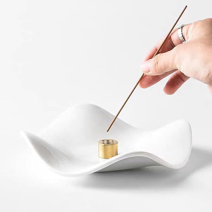 6.7 "Ceramic Incense Burner for Incense/Coil,Wavy Base with Brass -Incense Holder for Sticks,with Ash Catching Bowl for Meditation Yoga and Home Decoration (White) - Bloomnest