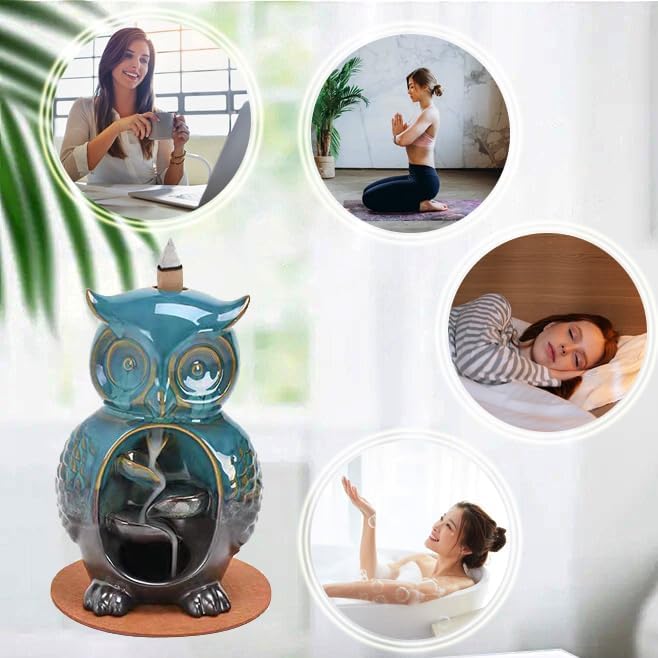 Cute Owl Animal Waterfall Backflow Incense Holder for Sticks,Ceramic Incense Burner with Mat,Tweezers for Home Aromatherapy Ornament Decor AI018 - Bloomnest