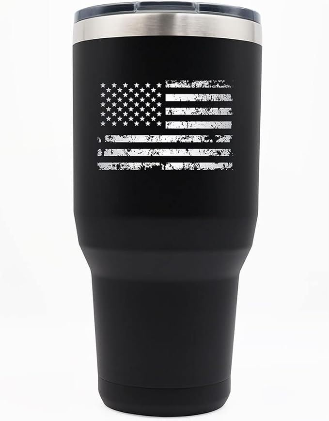 Yukon Outfitters Freedom High Grade 18/8 Stainless Steel Double Wall Vacuum Insulated Tumbler (40oz / 1183ml) - 8.8" H x 4.2" Top Dia. / 3" Bottom Dia., Black with 'Distressed USA Flag' Engraving - Bloomnest