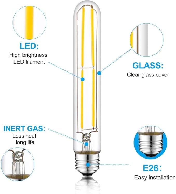 7.3 Inch E26 Led Bulb 6W Dimmable, 2700k Soft White Edison Bulbs 800LM, Equal 80 Watt Tubular T10 T9 Long Clear Glass Light Bulb for Rustic Pendant Pipe Wall Sconces Chandeliers - 4Pack - Bloomnest
