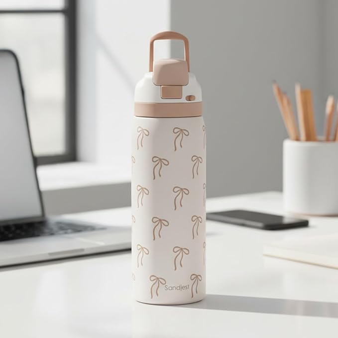 Bow Insulated Stainless Steel Water Bottle with Straw for Sports and Travel, 32oz, Gifts for Women Girls Friends Teens Birthday Christmas (Brown) SANDJEST