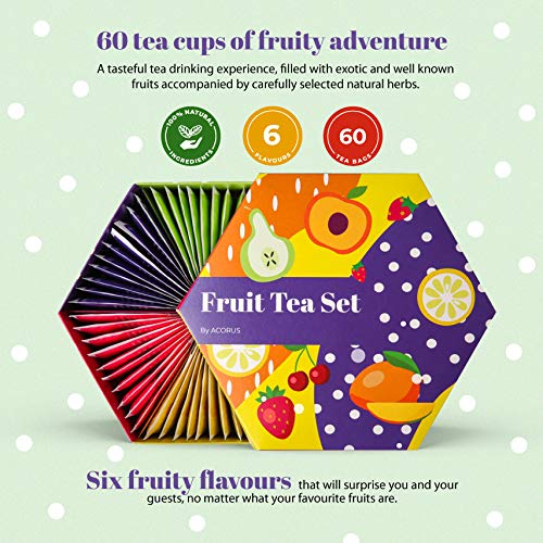 ACORUS Fruit Luxury Tea Set - Assorted Fruit and Herbal Teas Box, Tea Gift Set for Women and Tea Lovers, Large Variety Pack, 6 Flavor Sampler, 60 Bags - Bloomnest