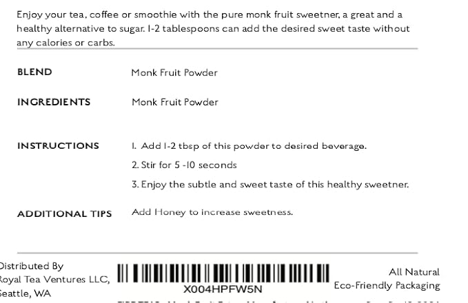FIRE TEAS Monk Fruit Powder - All Natural Sugar Free Sweetener - No Erythritol, Keto & Paleo Diet Friendly, No Aftertaste, Zero Calories, Zero Carbs, Healthy - Bloomnest