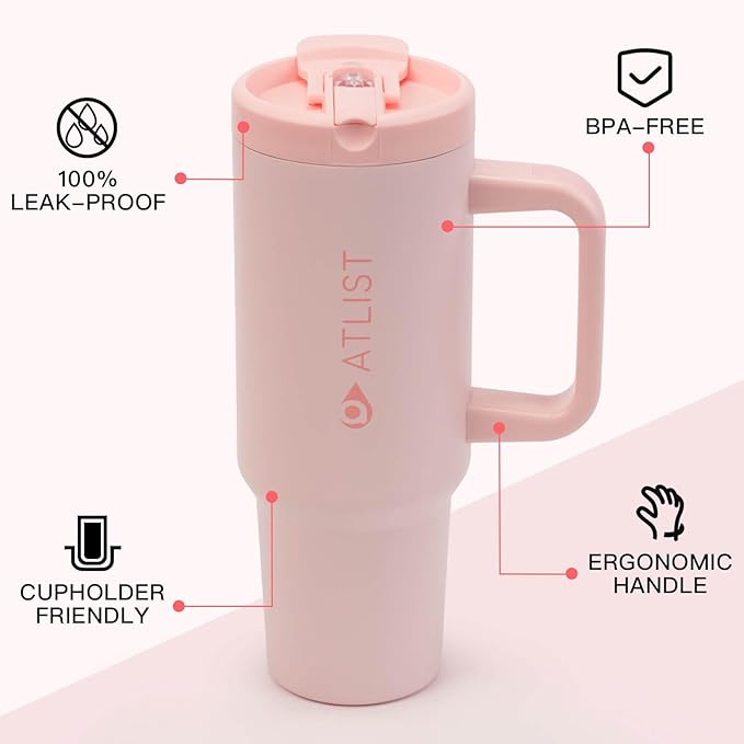 100% Leakproof 40 oz Tumbler with Handle & 4-in-1 SipSwig Lid, Built-In Flip Straw & External Stainless Steel Straw, Insulated Stainless Steel Cup, BPA-Free, Pink - Bloomnest