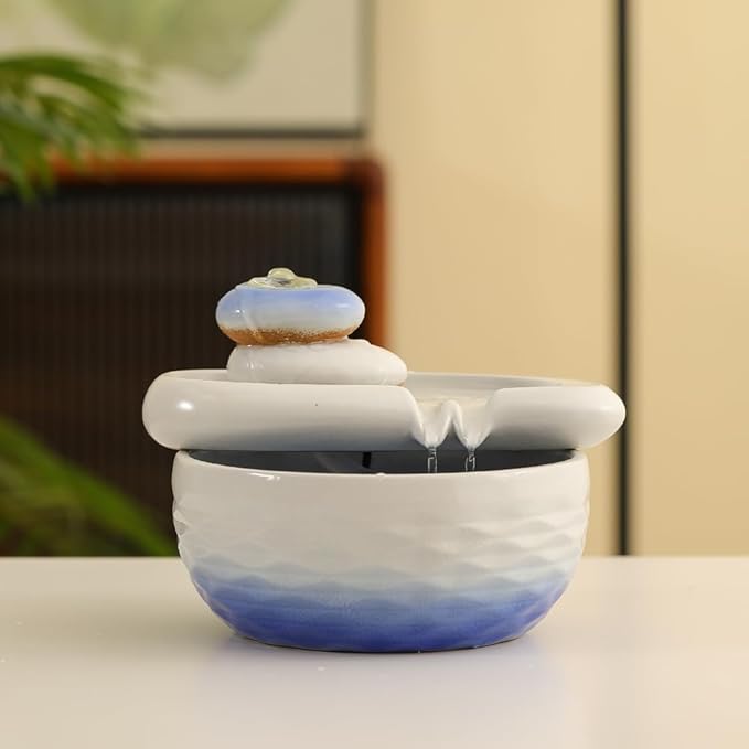 Ceramic Tabletop Desktop Fountain Water Feature Indoor Home Office Kitchen Decoration (White) - Bloomnest